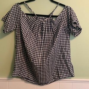 Open shoulder navy cotton gingham top